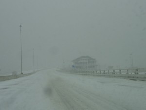 A layer of thick, slippery slush and snow covers the Route 52 causeway between Somers Point and Ocean City on Monday morning (March 3, 2014).