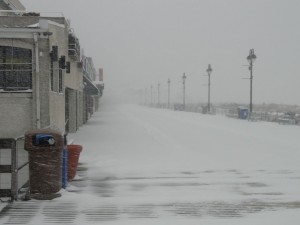 A windswept snow covers the Ocean City Boardwalk at 14th Street.