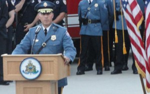 Police Chief Chad Callahan delivers the keynote address of the annual 9/11 ceremony in Ocean City, NJ.