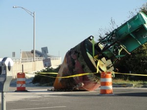 A navigational buoy that broke free and landed on the beach in Ocean City, NJ, on Sept. 9 is now in the parking lot of the Ocean City-Longport Bridge.