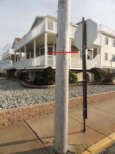 A marker on a telephone pole at 29th Street and Haven Avenue shows where a 10-foot tide (on the  NAVD1988 scale) would fall. See photo below.