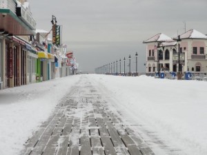 Plows cleared a narrow path on the Ocean City Boardwalk between Fifth and 14th streets on Tuesday morning.