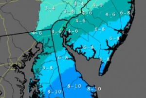 The National Weather Service snowfall forecast calls for 6 to 8 inches in Ocean City and southern New Jersey — more than in points farther north and west.