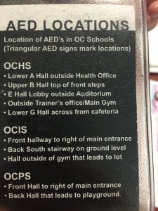A card carried by Ocean City School District personnel lists locations of AEDs in each school.