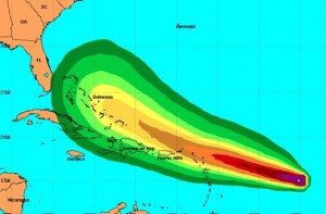 Probability of tropical force winds over the next five days from Tropical Storm Erika as it approaches the Bahamas. Green represents the least possible with red and purple on the other end of the scale.