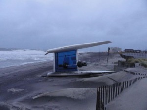 A catamaran is toppled at Atlantic Beach on the north end on Friday morning.