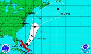 The projected track of Hurricane Joaquin as of 5 a.m. Friday from the National Hurricane Center.