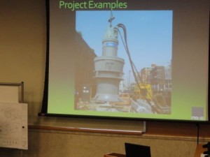 A slide shows the type of pump that would be installed (along with five others) on public property at Sixth Street and Bay Avenue.