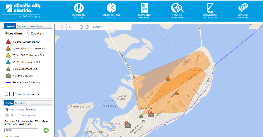 Impacted areas, as shown on the Atlantic City Electric's web site as od 1:00p today. 