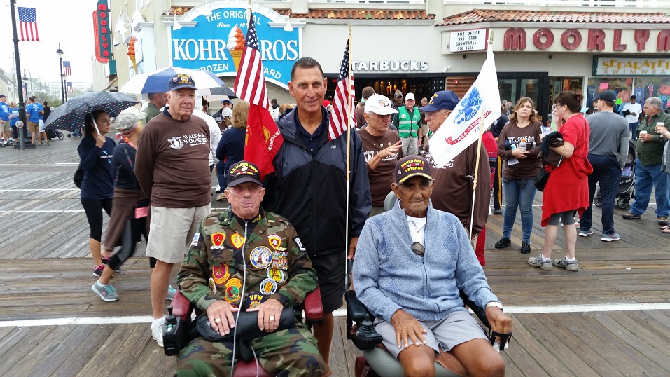 Congressman Frank LoBiondo, center, joined veterans J.R. Robinson and Chester DeFelice at the Walk for the Wounded. Robinson, 70, who was a Marine in Vietnam, has a summer home in Ocean City and lives in Chadds Ford, Pa. DeFelice, 93, of Ocean City, served with the Army in World War II.