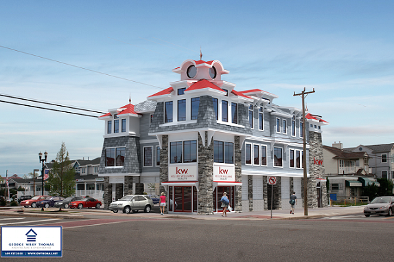 An architectural rendering depicts the proposed Keller Williams office building at the corner of Ninth Street and Bay Avenue.