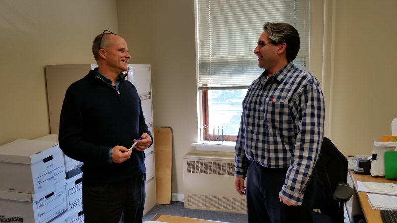 Von der Hayden, right, shares a laugh with the city's public information officer, Doug Bergen.
