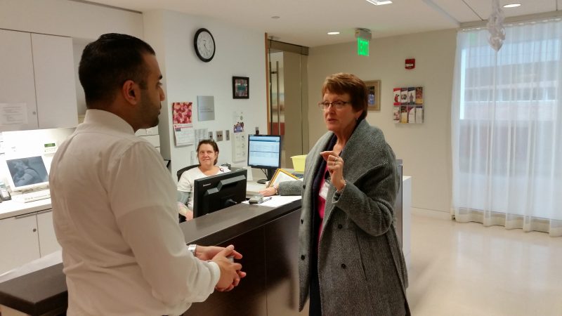 Daniel talks with Anne Marie Taggart, Infusion Center manager at Shore Medical Center.