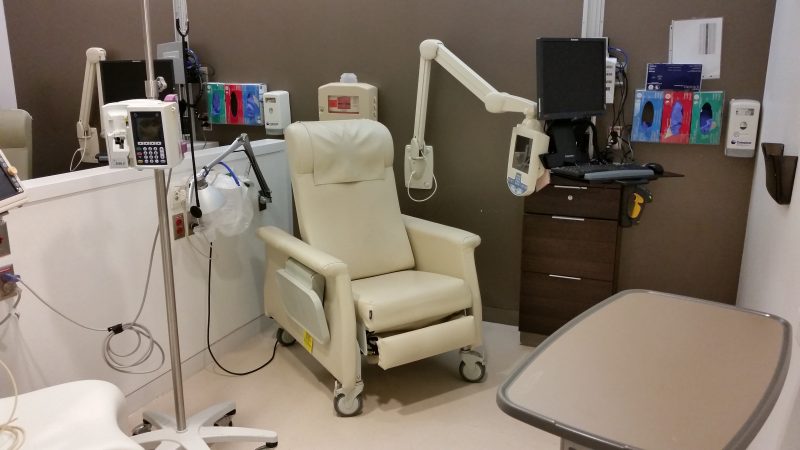 Treatment rooms at the Infusion Center offer comfortable chairs and adjustable lighting to help patients relax.